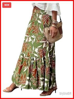 Boho Ruffle Flowy Maxi Skirt High Waisted Elastic Summer Beach Long Skirt